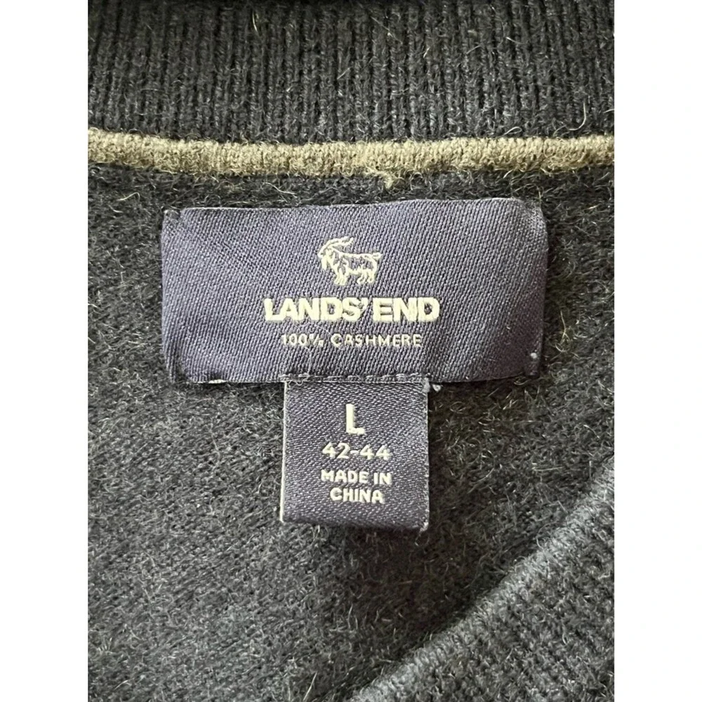 Lands’ End 100% Cashmere Navy V-Neck Sweater Mens Large **Elbow Repair**
